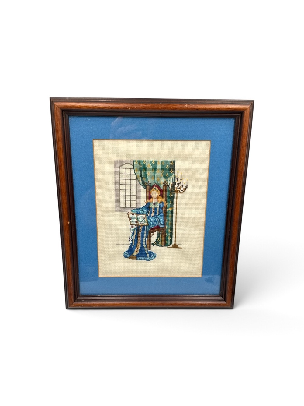 Vintage Framed Cross Stitch Medieval Queen Princess Throne Wall Art 13.5”